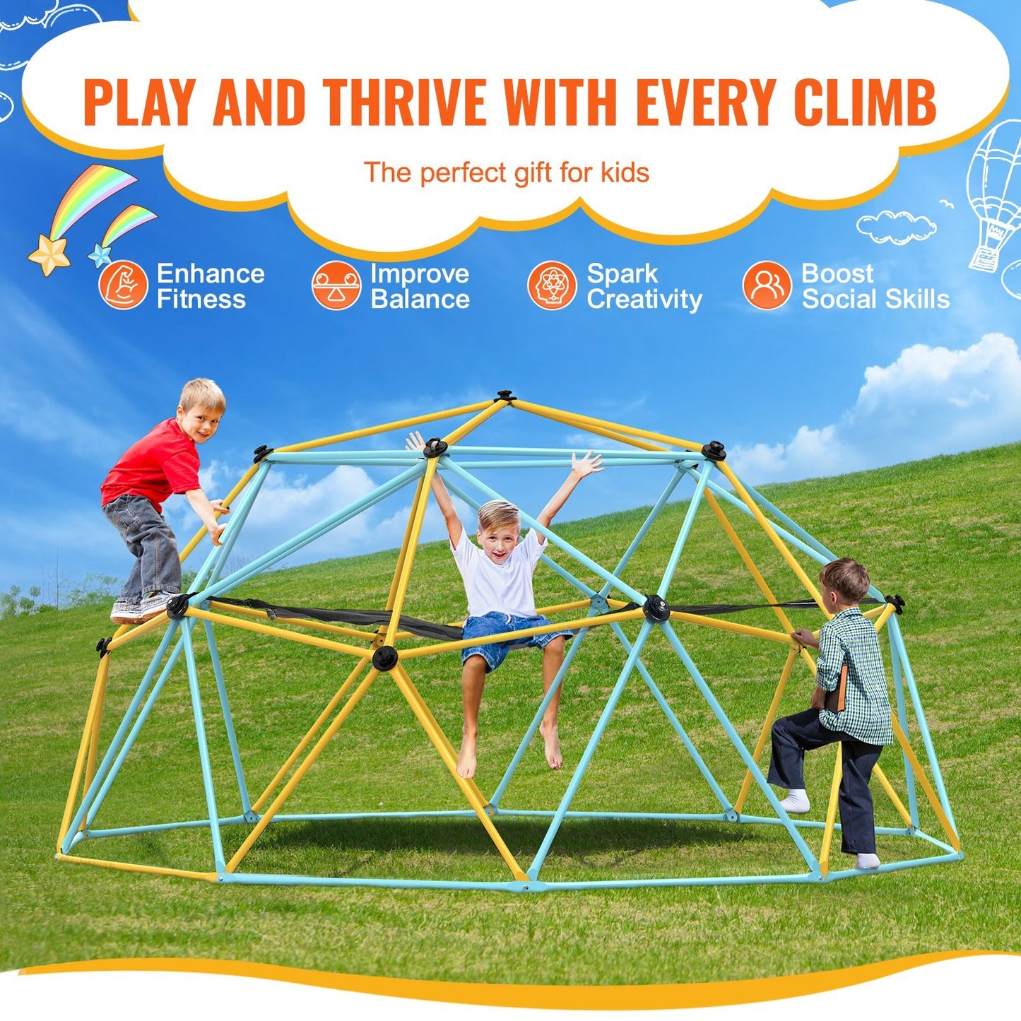 Climbing Dome, For Kids 3 To 10 Years Old,10FT Geometric Dome Climber With Hammock And Swing, Jungle Gym Supports 750LBS And Easy Assembly, With Climbing Grip, Outdoor Backyard Play Equipment